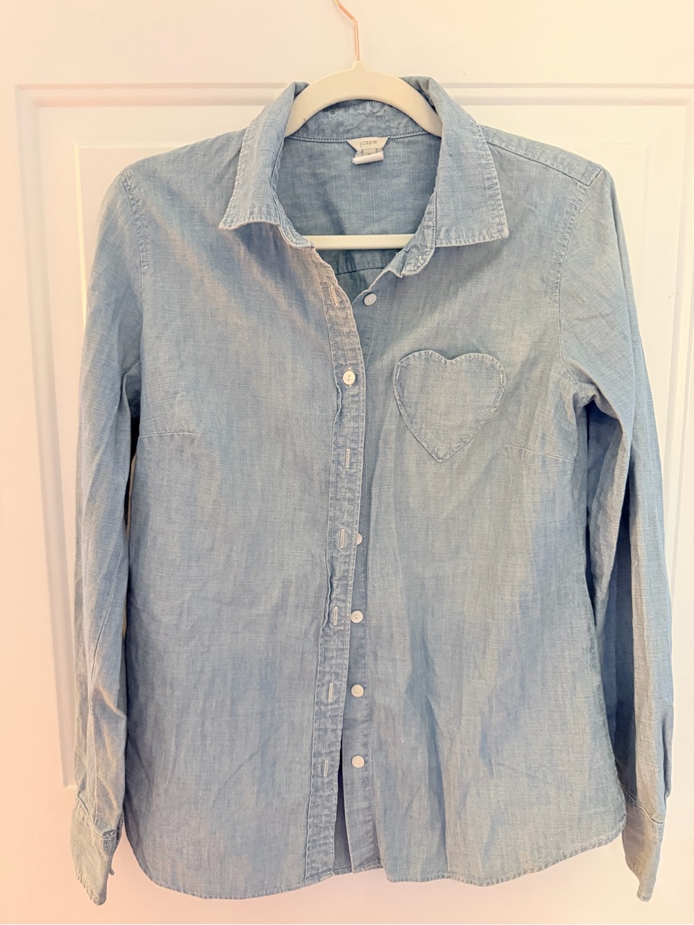 J. Crew Light Blue Denim Button-Down Shirt with Heart Patch
